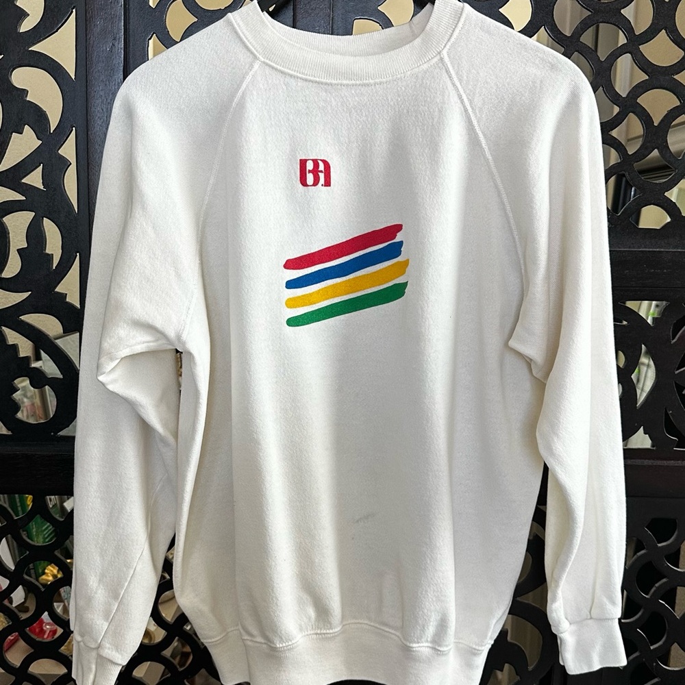 Cream Graphic Pullover Crewneck Sweatshirt Casual Unisex Multicolor in Cream-L